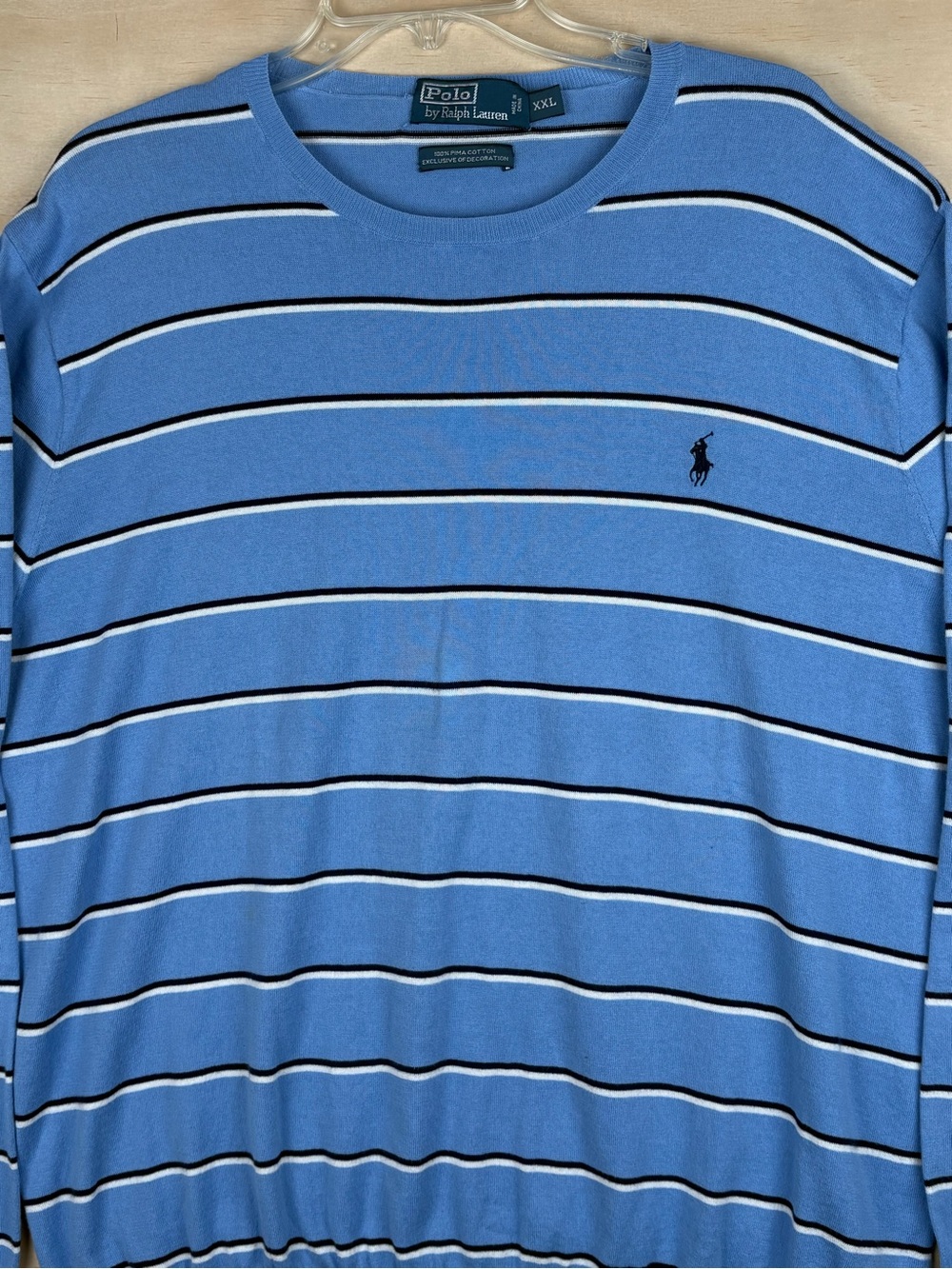 Polo Ralph Lauren Crewneck Sweater Mens XXL Blue Stripes Pima Cotton Long Sleeve